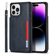 Imagem de Capa de couro flip para iPhone 12 13 Mini 14 11 Pro Max Carteira Capa para telefone com compartimento para cartão de crédito Alça de suporte, azul, para iPhone 11