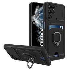 Imagem de Caso de suporte de anel de câmera deslizante para Samsung S23 S22 Ultra Plus A23 A33 A53 A73 A52 A72 A32 A12 A51 A71 A31 A50 Saco de cartão de silicone, preto, para A12
