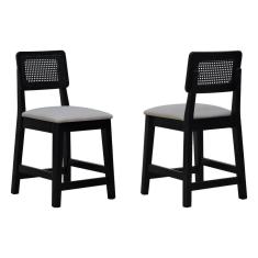 Imagem de Kit 2 Banquetas Baixa-cadeira Gabi Madeira Maciça Encosto Telinha Assento Estofado - Preto Assento Estofado Linho Bege