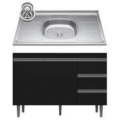 Imagem de Balcão De Cozinha Com Pia Inox 100cm 3 Gavetas Andréia Preto