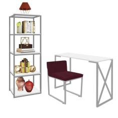 Imagem de Kit Escritório Bex 1 Cadeira Suede Bordô com 1 Mesa e 1 Livreiro Ferro Cinza MDF Branco - Ahazzo Móveis
