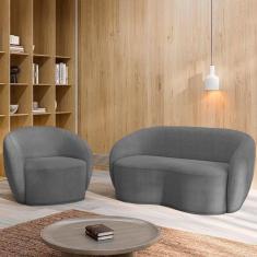 Imagem de Conjunto 1 Sofá Living 160cm E 1 Poltrona íbis Encosto Fixo Bouclê Grafite G33 - Gran Belo