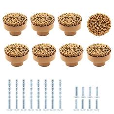 Imagem de Unlorspy 8 maçanetas de gaveta de vime boho de vime 40 mm/1,57 polegadas puxadores redondos de madeira com puxadores de móveis boho tecidos de vime puxadores de ferragens puxadores de armário com