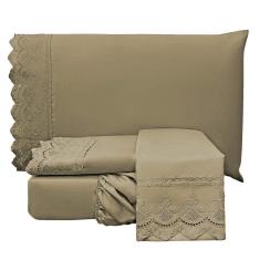 Imagem de Jogo Cama Lençol Loren Casal Padrão Bordado Inglês Micro Percal 300 Fios 4 Peças - Chocolate