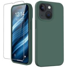Imagem de FUNMIKO Capa compatível com iPhone 15 com protetor de tela, capa de silicone macio e sedoso, projetada na moda para homens, mulheres e meninas, capa protetora para celular de 6,1 polegadas, verde