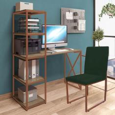 Imagem de Kit Escritório Mesa Max BeX 5 Prateleiras e Cadeira Stan Bronze Tampo Castanho Suede Verde Musgo - Ahz Móveis