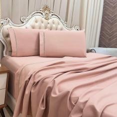 Imagem de Jogo De Cama Lençol Casal Realce Percal 400 Fios 4 Peças - Rosê