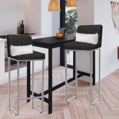 Imagem de Kit 02 Banqueta Alta com Encosto Lucca Industrial Cozinha Balcão Ferro Cinza Corino Cinza e Almofada Branco - Ahazzo Móveis