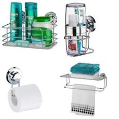Imagem de Kit Porta Shampoo + Porta Escova De Dente + Porta Papel Higiênico + Toalheiro Com Prateleira Ventosa