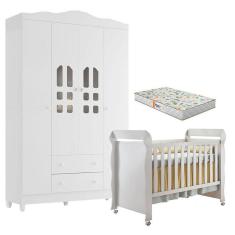 Imagem de Berço Americano Mirelle E Guarda Roupa New Selena 4 Portas Branco Brilho Colchão Móveis