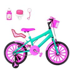 Imagem de Bicicleta Infantil Feminina Aro 16 Nylon + Kit Passeio E Cadeirinha Verde Água E Pink