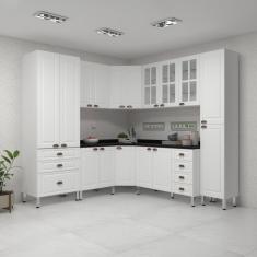 Imagem de Armário De Cozinha Completa 8 Peças Com Tampos E Vidro Cristal Luciane Móveis Branco Polar Com Branco Pet E Preto