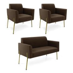 Imagem de Sofá Namoradeira E 2 Poltronas Pé De Ferro Dourado Marisa Suede Marrom D03