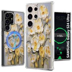Imagem de LORYVAN Capa magnética transparente para Samsung Galaxy S24 Ultra, design de padrão floral para mulheres e meninas, fina, à prova de choque, flor protetora, não amarela, capa MagSafe, 6,8 polegadas