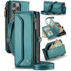 Imagem de GooodiDEAR Capa para iPhone 16 Pro Max, carteira transversal para celular com suporte de bloqueio RFID, compartimentos para cartão de carregamento sem fio, bolsa de ombro de couro PU, alça ajustável,