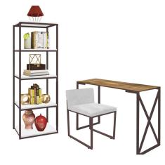 Imagem de Kit Escritório Bex 1 Cadeira Sintético Branco com 1 Mesa e 1 Livreiro Ferro Marrom MDF Carvalho - Ahazzo Móveis