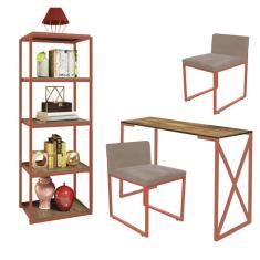 Imagem de Kit Escritório Bex 2 Cadeiras Sintético Bege com 1 Mesa e 1 Livreiro Ferro Bronze MDF Caramelo - Ahazzo Móveis