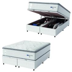 Imagem de Cama Box Baú Casal Queen Colchão Molas Guarda Costas Com Pillow 158x198x81cm Branco/Cinza
