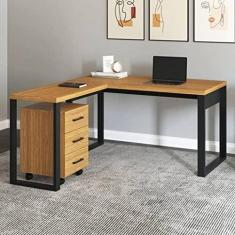 Imagem de Conjunto Home Office 2 Peças 1 Escrivaninha em L e 1 Gaveteiro 3 Gavetas com Rodízios Dalla Costa Freijó/preto