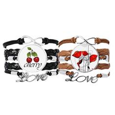 Imagem de DIYthinker Pulseira de milho com arte abstrata de flores vermelhas, pulseira de mão, corda de couro, cereja, amor, conjunto duplo