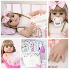 Imagem de Boneca Reborn Loira Menina Realista Pode Banho + 13 Itens - Cegonha Re