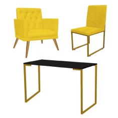 Imagem de Kit Escritório Stan Poltrona Maria com Cadeira e Mesa Industrial Preto Dourado Suede Amarelo - Ahz Móveis