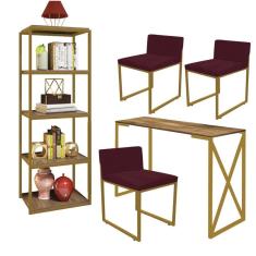 Imagem de Kit Escritório Bex 3 Cadeiras Suede Bordô com 1 Mesa e 1 Livreiro Ferro Dourado MDF Caramelo - Ahazzo Móveis