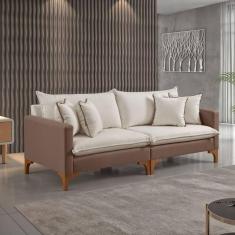 Imagem de Sofá Living Bipartido com 4 Almofadas Bouclé M195 220cm Bege Claro/ Marrom
