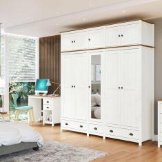 Imagem de Conjunto Quarto: Guarda-Roupa 10 Portas, Escrivaninha 3 Gavetas Topázio Branco/Freijó Madeira Pinus - Finestra
