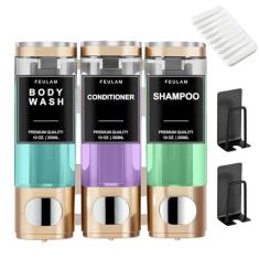 Imagem de FEULAM Dispensador de xampu e condicionador, dispensador de sabão de chuveiro com 3 câmaras sem broca, dispensador de xampu montado na parede para chuveiro com etiqueta, dispensador de sabonete