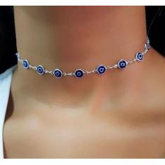Imagem de Colar Choker Feminino Adulto Infantil Olho Grego Azul / Cordão Proteçã