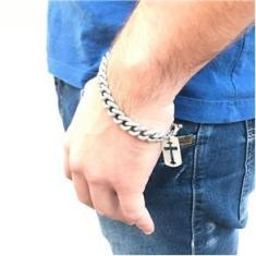 Imagem de Pulseira Masculina Cruz Vazada Corrente Grossa Prata Velha