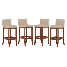 Imagem de Kit 4 Banquetas Média Encosto Estofado 38x90Cm Ilha Espanha Madeira Maciça Castanho Suede Bege ccs