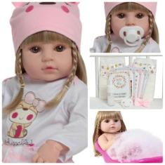 Imagem de Boneca Reborn Princesa Cabelo Loiro Enxoval 13 Acessórios - Cegonha Re