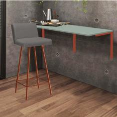 Imagem de Kit Mesa Suspensa de Parede Fixa MDF Verde Oliva + 1 Banqueta Lexi Ferro Bronze Suede Cinza - Ahazzo Móveis