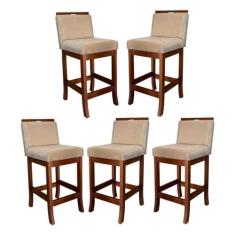 Imagem de Kit 5 Banquetas Média para Bancada Gourmet Turim Madeira Castanho Suede Bege CCS