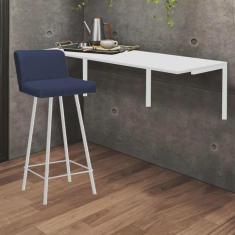 Imagem de Kit Mesa Suspensa de Parede Fixa mdf Branco + 1 Banqueta Lexi Ferro Branco Sintético Azul Marinho - Ahazzo Móveis