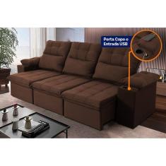 Imagem de Sofá Retrátil Reclinável Verona USB + Porta Copo 2,30m Suede Velut Marrom c/ Molas no Assento - King House