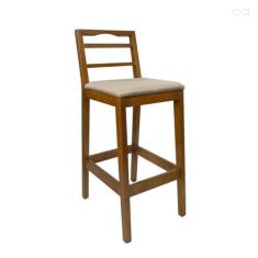 Imagem de Banqueta de Madeira para Bancada Alta Estofada Grécia Amêndoa Linho Bege CCS