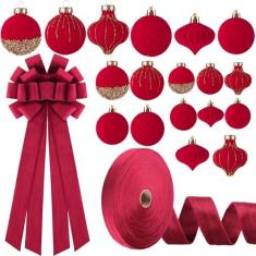 Imagem de Motionchic Conjunto de 20 peças de enfeites de veludo de Natal, bola de veludo, 3 tamanhos, enfeites de bola de lâmpada flocada, enfeite de árvore de veludo, laço de veludo de Natal, fita com fio para