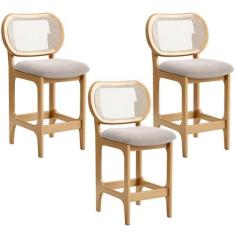Imagem de Kit 3 Banquetas Baixa Bar Cozinha Sala de Jantar Betta L02 Mel Tela Bouclê Creme - Lyam Decor