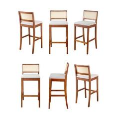 Imagem de Kit 6 Banquetas com Encosto e Apoio para Pés Tiê Cabecasa Madeiramadeira Amêndoa/Off White