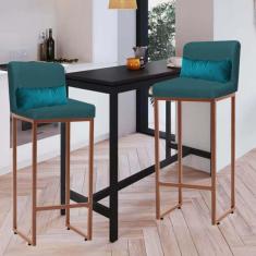 Imagem de Kit 02 Banqueta Alta com Encosto Lucca Industrial Cozinha Balcão Ferro Bronze Suede Azul Turquesa e Almofada Azul Turquesa - Ahazzo Móveis