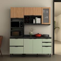 Imagem de Cozinha Compacta Begônia 6 Portas 4 Gavetas com Vidro Mármore Lunar/Verde Mar/Freijó - Tecno Mobili