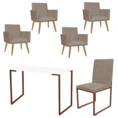 Imagem de Kit Escritório Stan 4 Poltronas com Cadeira e Mesa Industrial Tampo Branco Bronze Suede Bege - Ahz Móveis