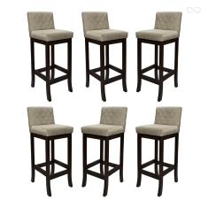 Imagem de Kit 6 Banquetas Média de Madeira Maciça Tóquio com Encosto Matelassê Suede Bege CCS