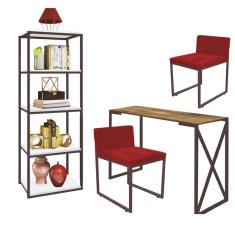 Imagem de Kit Escritório Bex 2 Cadeiras Corino Vermelho com 1 Mesa e 1 Livreiro Ferro Marrom MDF Caramelo - Ahazzo Móveis
