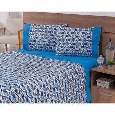Imagem de Jogo Lençol 4 Peças Cama Viúva 2,03mx1,20mx35cm 100% Algodão 180 Fios Ponto Palito Losangos Azul