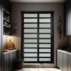 Imagem de Porta de Correr com Travessas 2 Folhas Moveis 210 X 120 Elite com Fechadura Tetra Vidro Liso Preto