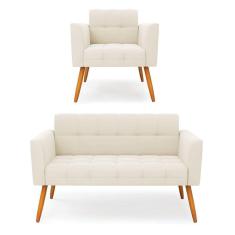Imagem de Kit 1 Sofá Namoradeira E 1 Poltrona Elisa Veludo Bege Pés Palito Castanho - D`rossi
